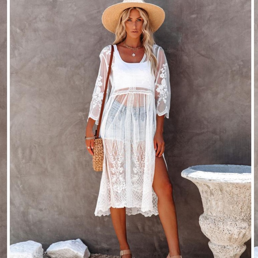 CASA BLANCA EMBROIDERED SHEER LACE MIDI DRESS